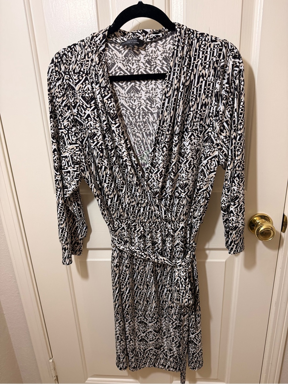Tahari Black & White Geometric Wrap-Style Midi Dress